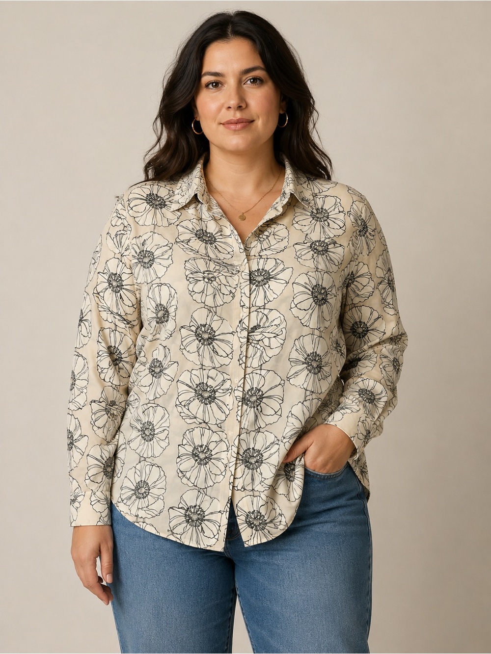Rachel Zoe Cream Button-Down Shirt with Green Floral Sketch